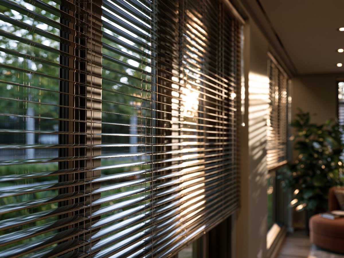 Persianas horizontais com luz atravessando as lâminas