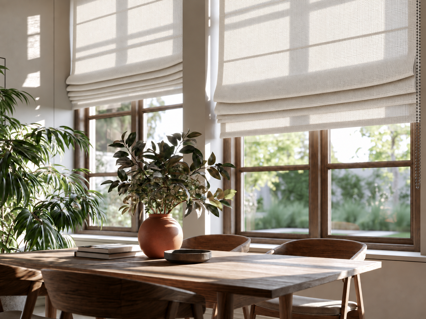 Persianas romanas em ambiente com mesa de madeira e plantas